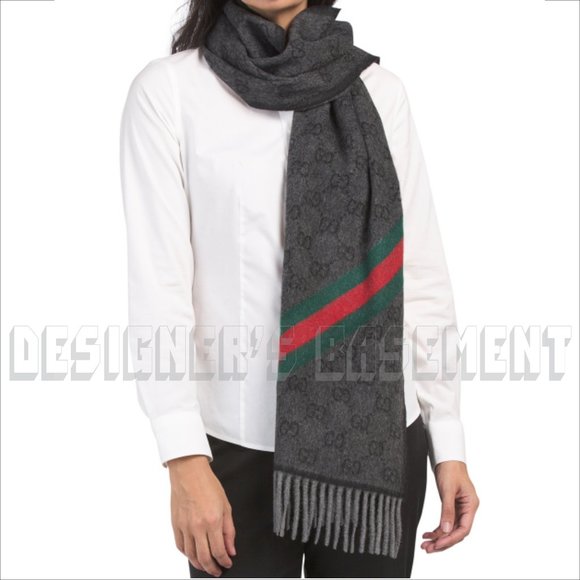 GUCCI charcoal & black GG green & red WEB detail NIKKY Angora blend fringe scarf - Picture 5 of 11
